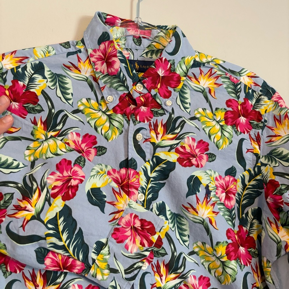Ralph Lauren Blue Floral Hawaiian Long Sleeve Button Up Colorful Print Medium